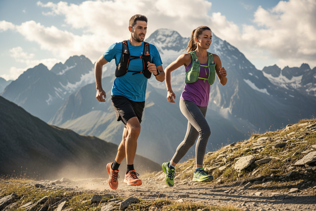 homme et femme qui fait la course dans les montagnes avec des chaussures ultras professionnelle pour les coureurs